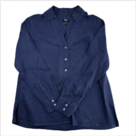 Talbots Pure Irish Navy Blue Linen Button Down Long Sleeve Blouse Top, 10P - Picture 1 of 6
